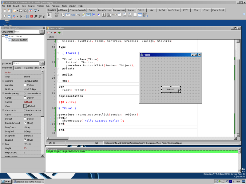 Lazarus 2.0 + ReactOS: GUIアプリケーションHello Worldを編集中の画面