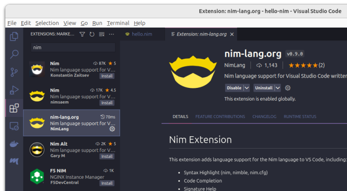 VSCode extension nim-lang.org